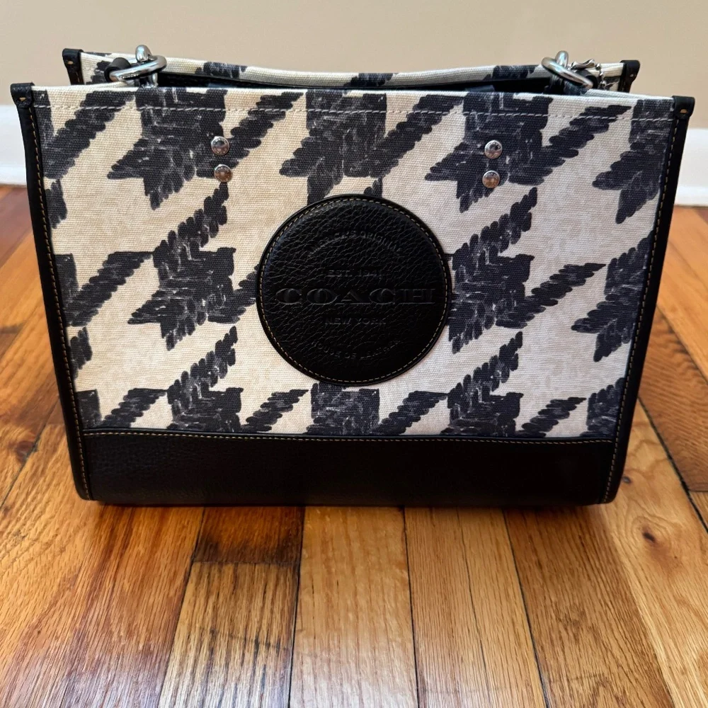 Coach Black and Cream Houndstooth Canvas Dempsey Patch Medium Tote